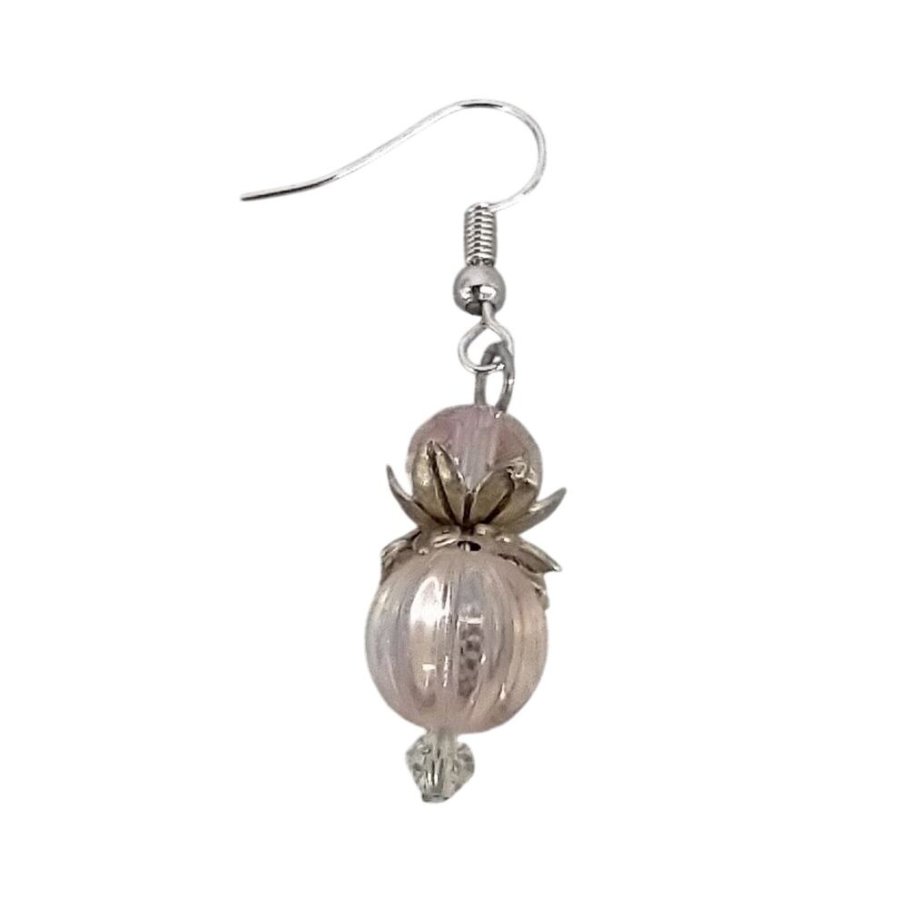 Drop Earrings Pink Glass and Crystal Beads Flower Design Silver Tone Handmade